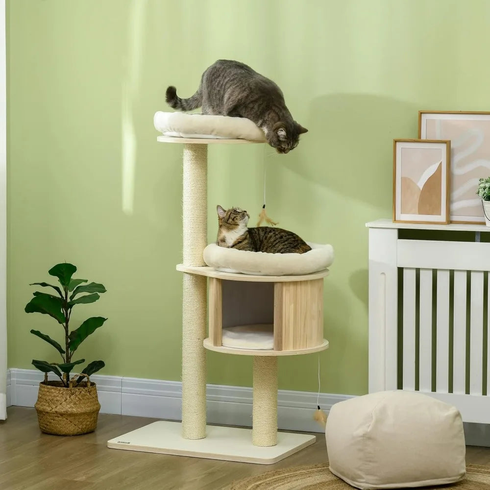 PawHut Cat Tree, 3 Level Cat Tower with Scratching Posts, Bed, Condo, Badminton Toys, for Multiple Kittens