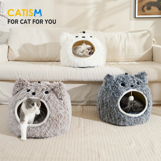 CATISM Cat Head Shape Cute Cat Bed,  Soft Plush Hooded Cat House, Self Warming Cat Cave, Cozy Cat Pod for Indoor Cat or Small Do