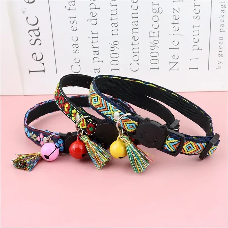 cat and embellished for colorful pet bells collars dog and jacquard tassels collar pattern plaid with Adjustable collar cat