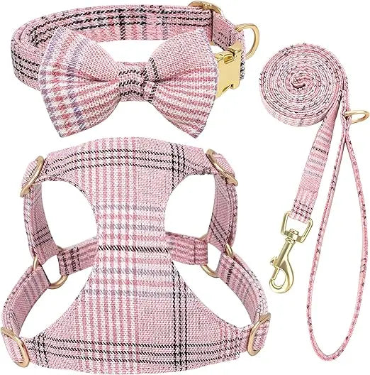 Cute Extra Small Dog Harness Collar and Leash Set with Bowtie, Soft Adjustable Plaid Puppy Harness for Small Sized Dogs Cats Wa