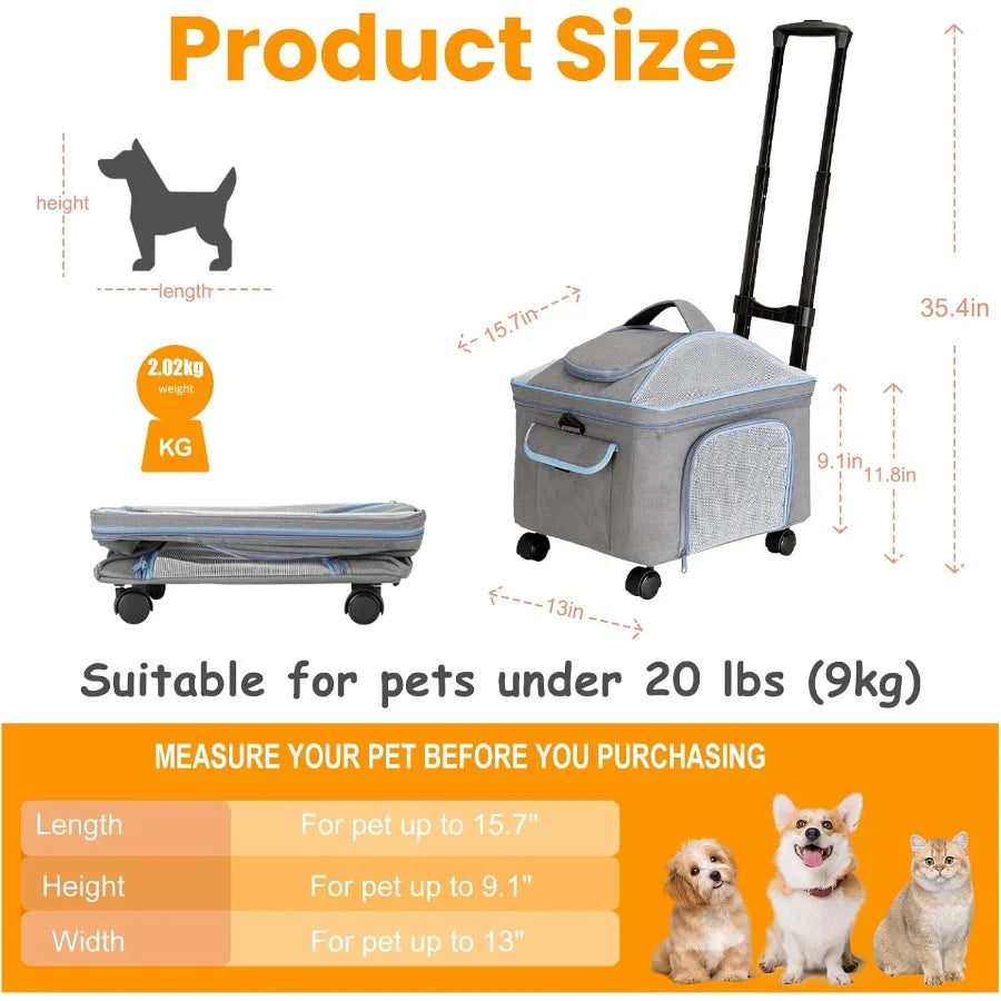 Pet Carrier for Small Dog Cat Cat Dog Carrier with Wheels Soft Sided Dog Rolling Crate Cat Travel Bag up to 20 Lbs Pet Stroller