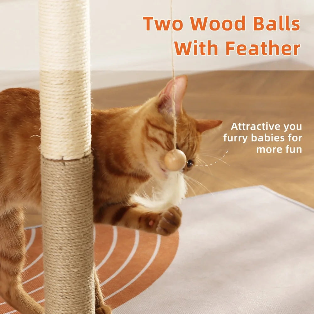 Interactive Cat Scratching Post with 2 Tier Ball Track Hanging Feather Toys Solid Wood Base Natural Sisal Jute Healthy Claws