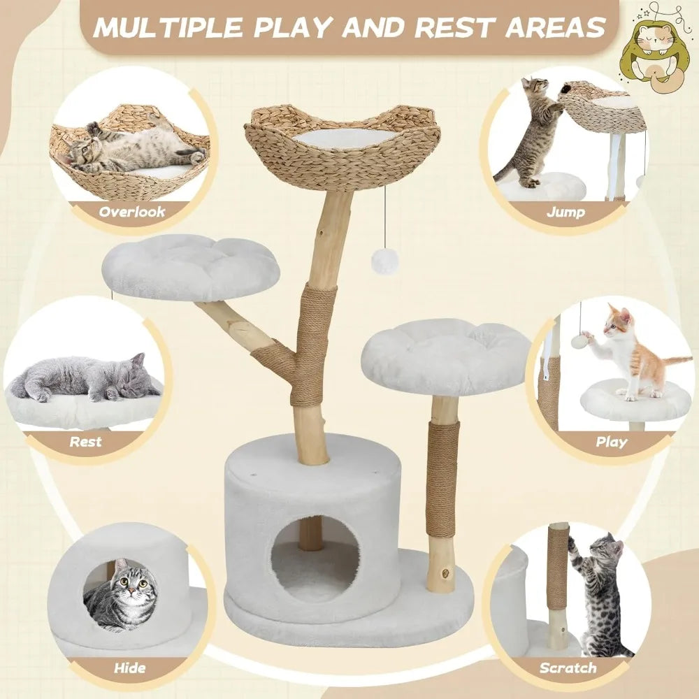 Modern Cat Tree Tower, Solid Wood Multi-Level w/ 2 Flower Perches, Scratching Post, Hanging Ball - Luxury Boho Cat Furniture