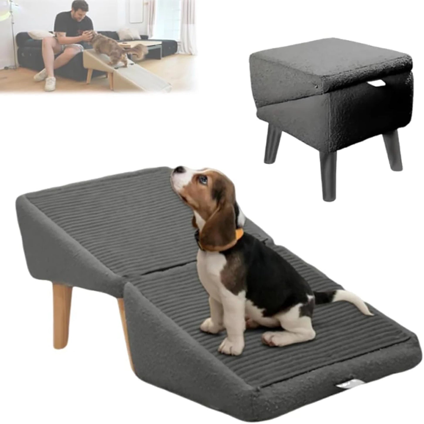 Split Ottoman Dog Ramp, All-in-One Lightweight Folding Pet Ramps Stairs for Couch, 13.8" H Dog Chair for Bed, Couch, Pet Steps L