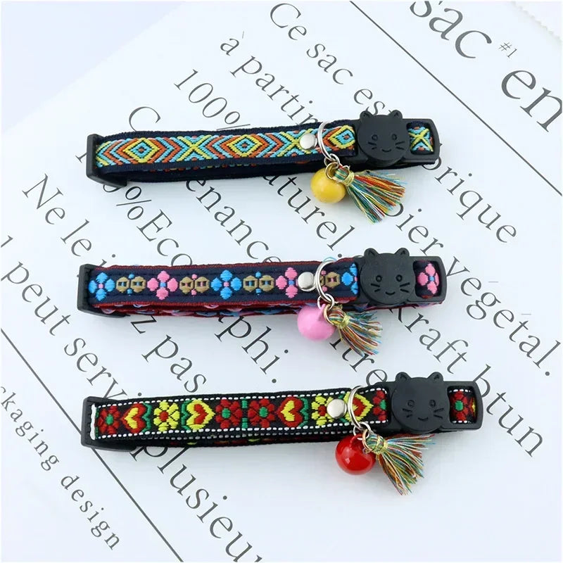 cat and embellished for colorful pet bells collars dog and jacquard tassels collar pattern plaid with Adjustable collar cat