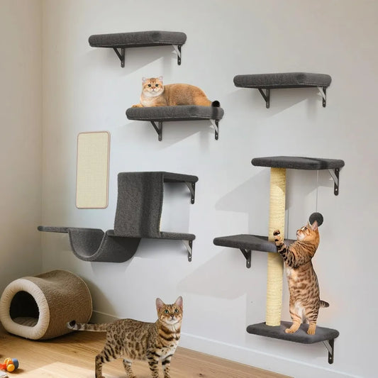 Cat Wall Shelves, Stable & Safe 6 in 1 Pet Walls Furniture Set with Wooden Cat Climber,House, Bridge, Tree, Steps