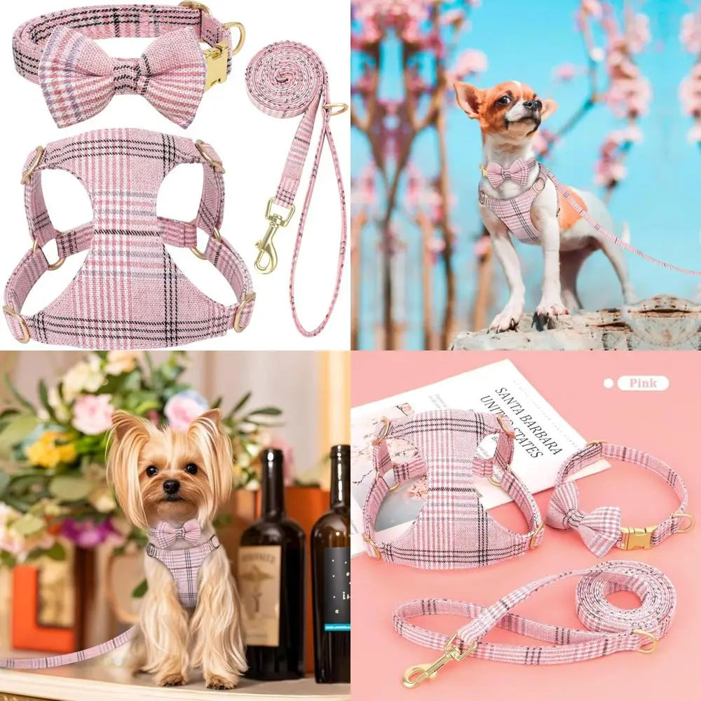 Cute Extra Small Dog Harness Collar and Leash Set with Bowtie, Soft Adjustable Plaid Puppy Harness for Small Sized Dogs Cats Wa