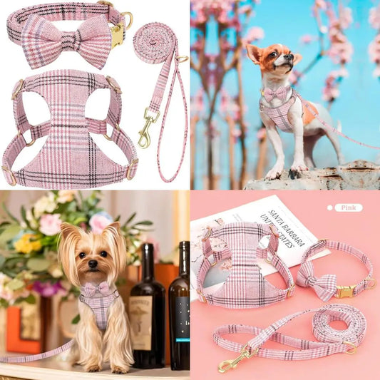 Cute Extra Small Dog Harness Collar and Leash Set with Bowtie, Soft Adjustable Plaid Puppy Harness for Small Sized Dogs Cats Wa
