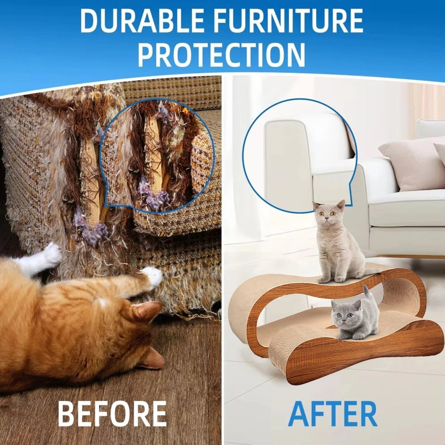 2 in 1 Cat Scratcher Cardboard Lounge Bed, Cat Scratching Post, Durable Board Pads Prevents Furniture Damage
