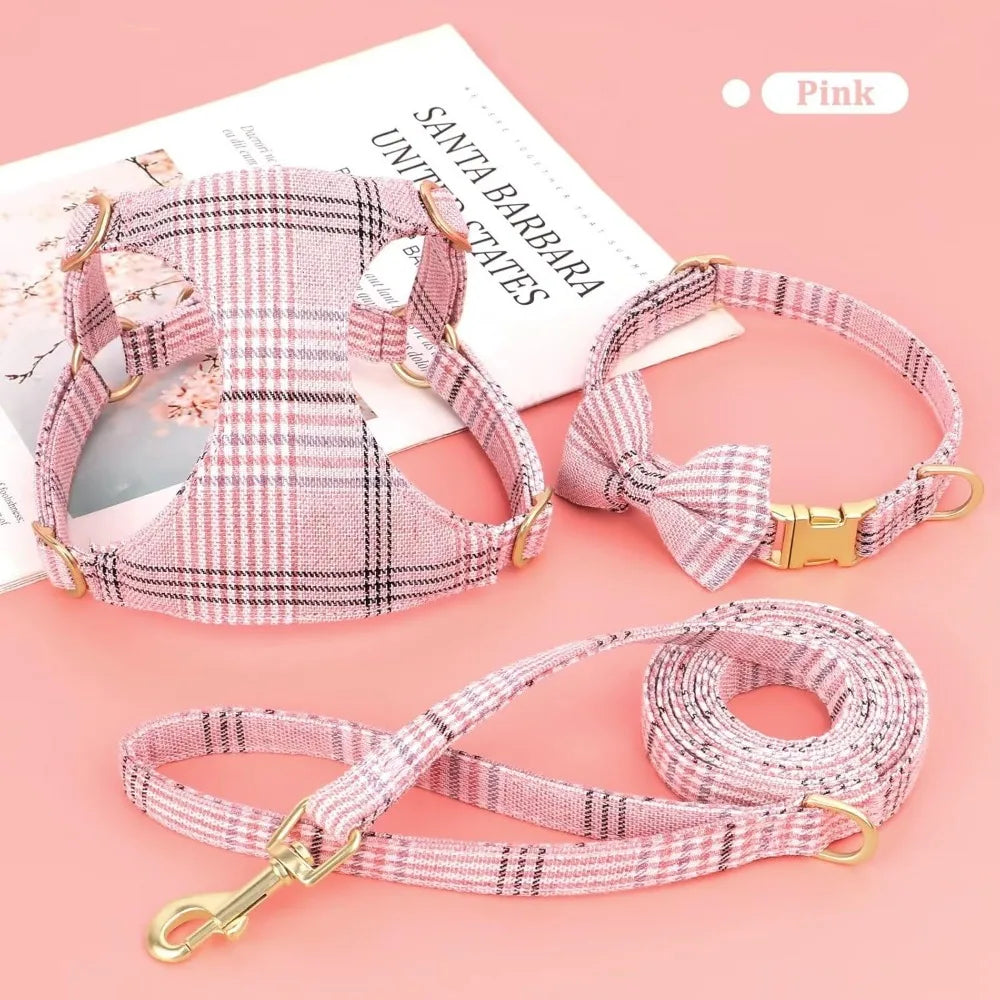 Cute Extra Small Dog Harness Collar and Leash Set with Bowtie, Soft Adjustable Plaid Puppy Harness for Small Sized Dogs Cats Wa