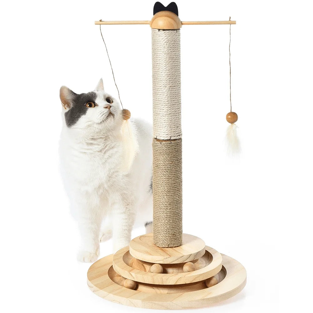 Interactive Cat Scratching Post with 2 Tier Ball Track Hanging Feather Toys Solid Wood Base Natural Sisal Jute Healthy Claws