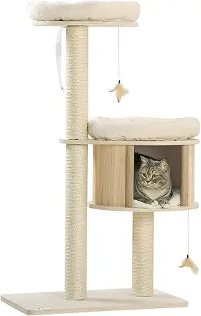 PawHut Cat Tree, 3 Level Cat Tower with Scratching Posts, Bed, Condo, Badminton Toys, for Multiple Kittens