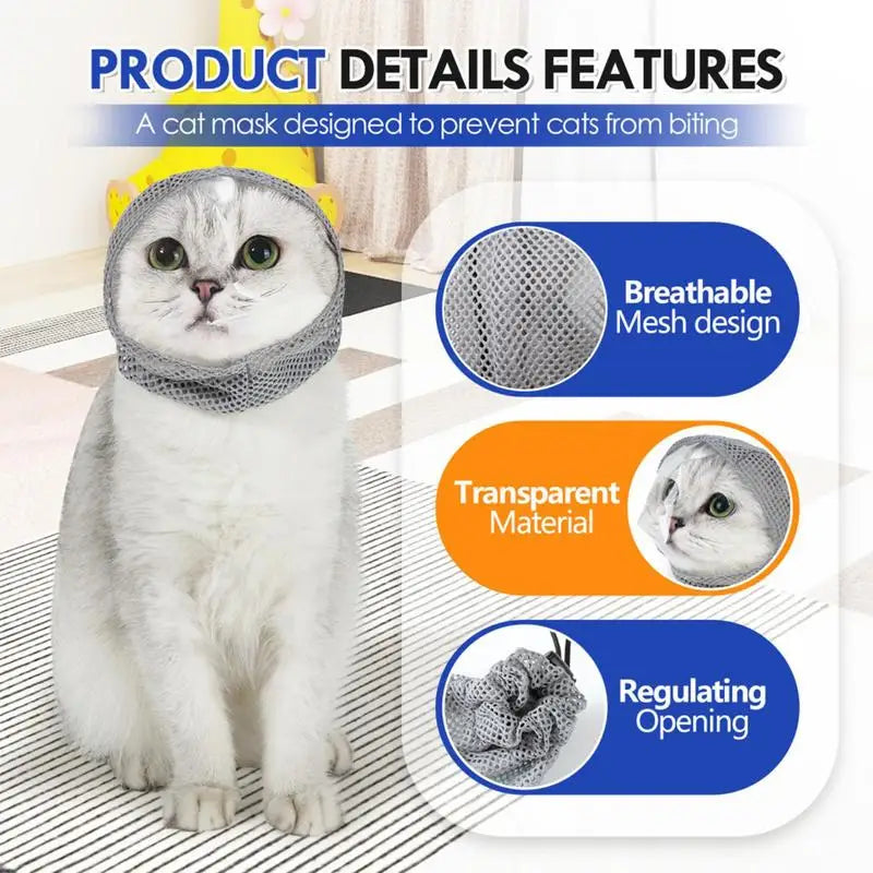 Cat Hood Anti-Bite Breathable Kitten Face Protection Adjustable Pet Grooming Muzzle Anti Scratch Cat Grooming Restraint Bags For