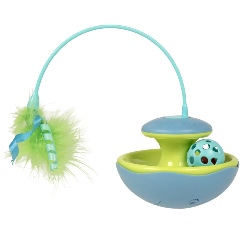 Interactive Cat Toy with Spinning Feather Wand and Rolling Track Ball Motion Activated Wobble Base Solo or Group Play