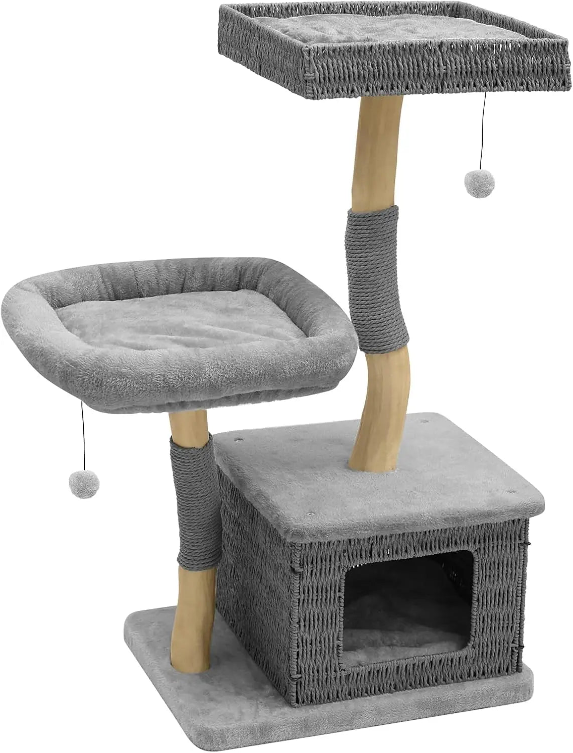 Modern Cat Tree Tower, Solid Wood Multi-Level w/ 2 Flower Perches, Scratching Post, Hanging Ball - Luxury Boho Cat Furniture