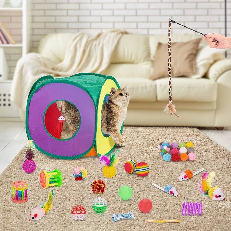 Cat Toys Bundle 33 Pack Interactive Kitten Toys for Indoor Cats Kitty with Collapsible Play Tunnel Tube Tent Feather Wand Tease