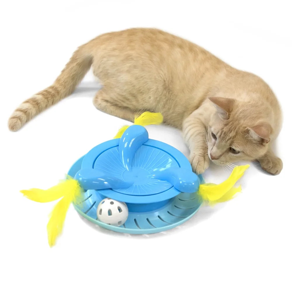 Interactive Cat Toy Ball Track Spinner with Feather Swats and Jingle Ball Engaging Playtime Exercise Fun