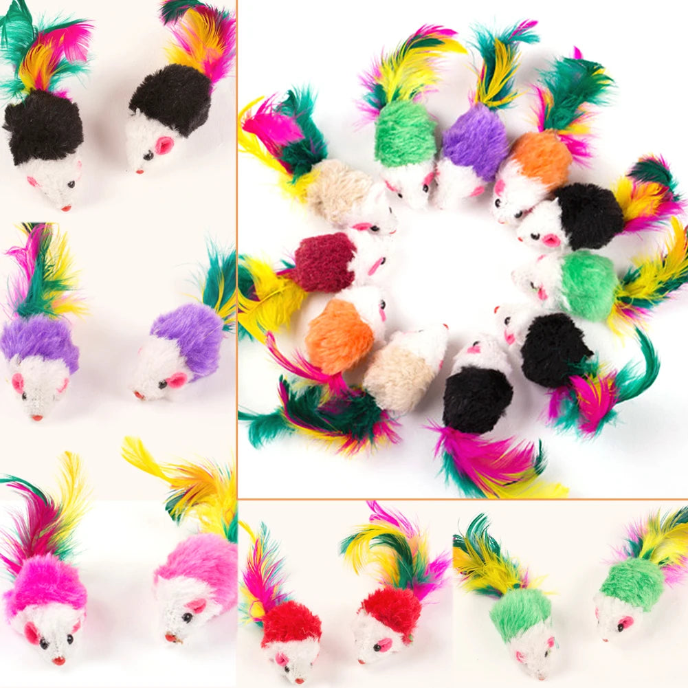 10-200Pcs False Mouse Pet Cat Toys Mini Funny Playing Toys for Indoor Cats Play Fetch with Colorful Feather Plush Cat Mice Toys