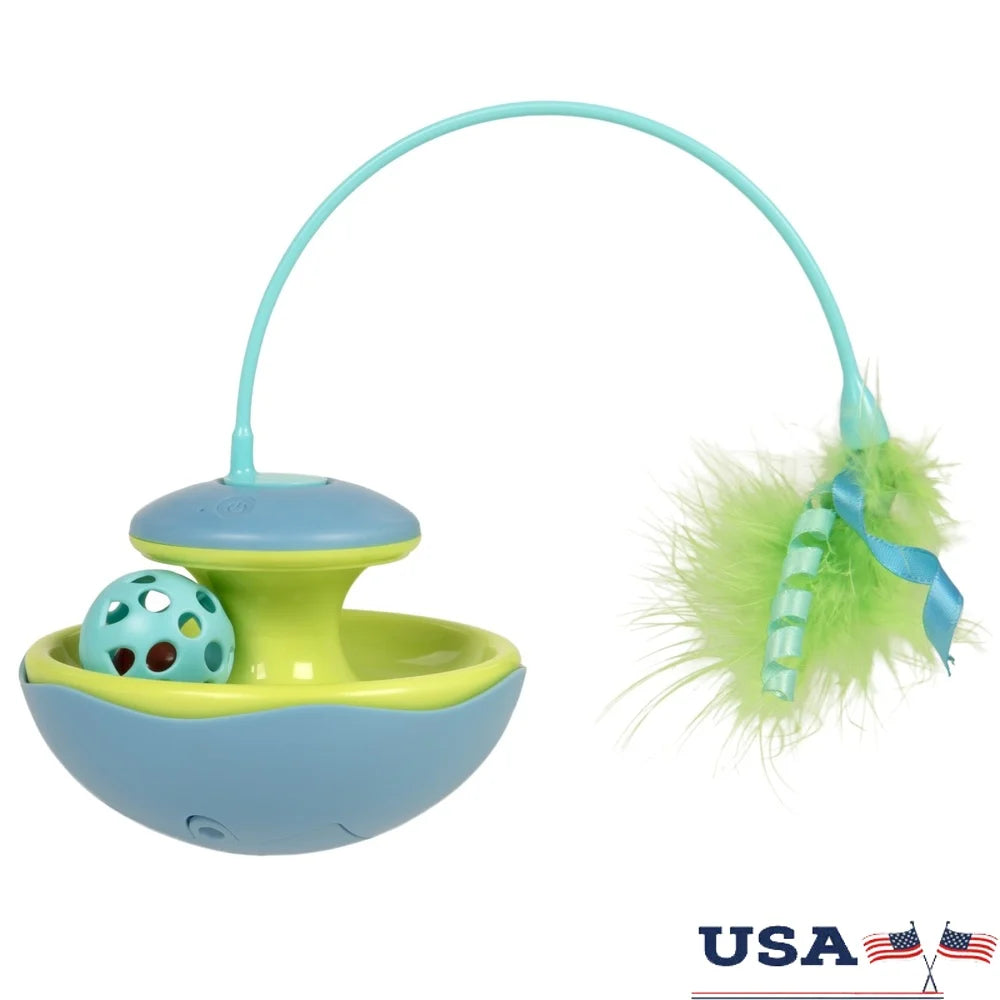 Interactive Cat Toy with Spinning Feather Wand and Rolling Track Ball Motion Activated Wobble Base Solo or Group Play