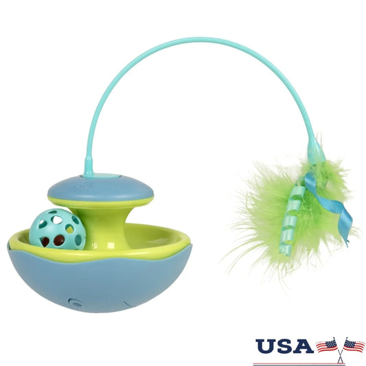 Interactive Cat Toy with Spinning Feather Wand and Rolling Track Ball Motion Activated Wobble Base Solo or Group Play