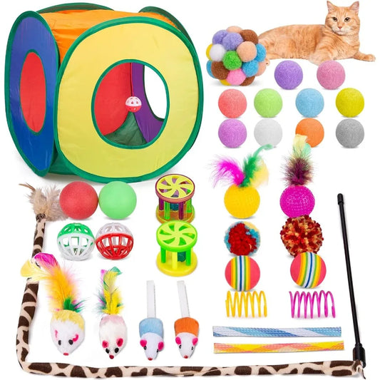 Cat Toys Bundle 33 Pack Interactive Kitten Toys for Indoor Cats Kitty with Collapsible Play Tunnel Tube Tent Feather Wand Tease