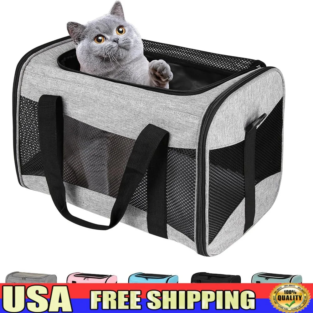 Airline Approved Cat Carrier Portable Collapsible Pet Travel Bag Breathable Mesh with Removable Fleece Pad Anti Escape Safety