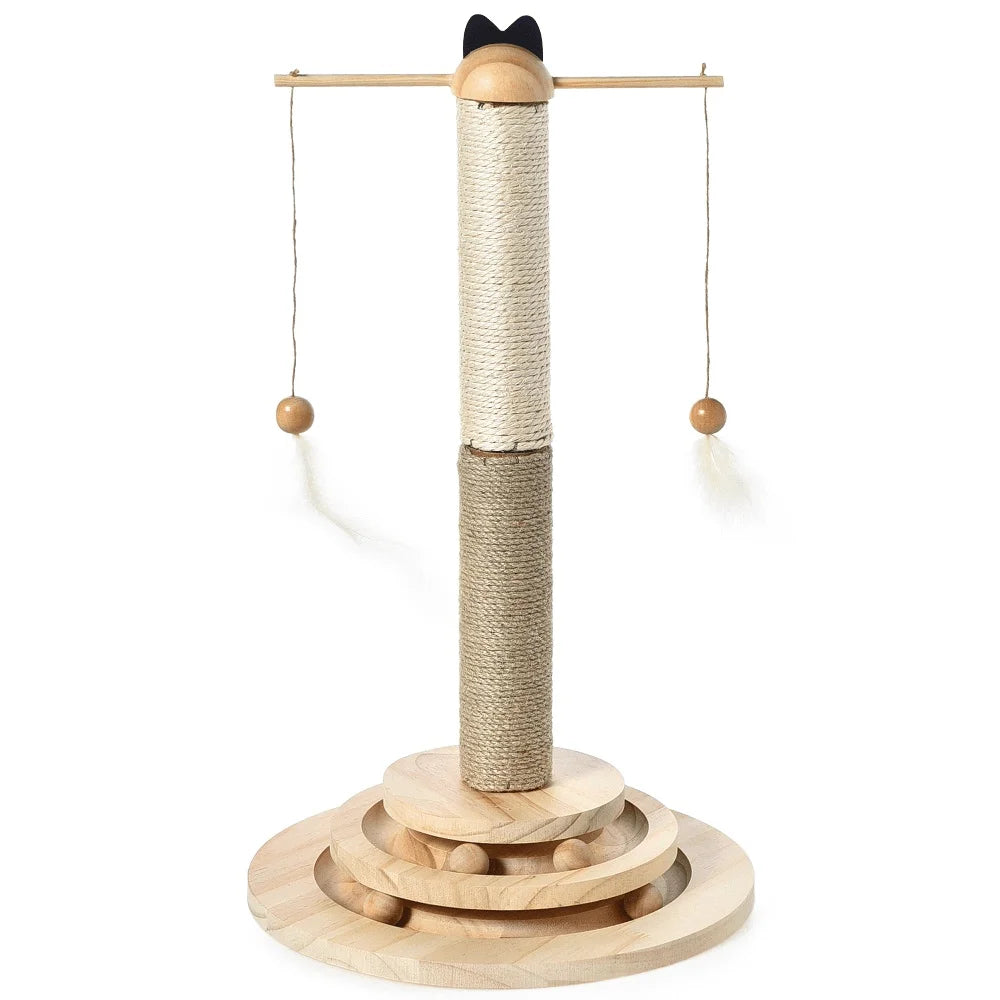 Interactive Cat Scratching Post with 2 Tier Ball Track Hanging Feather Toys Solid Wood Base Natural Sisal Jute Healthy Claws