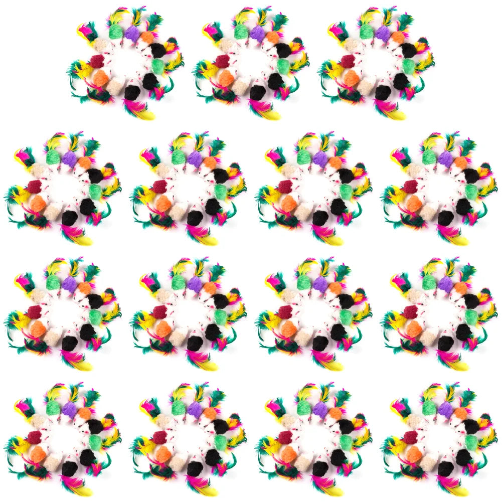 10-200Pcs False Mouse Pet Cat Toys Mini Funny Playing Toys for Indoor Cats Play Fetch with Colorful Feather Plush Cat Mice Toys