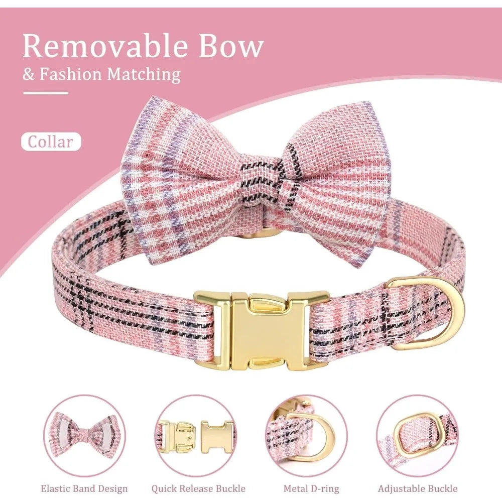 Cute Extra Small Dog Harness Collar and Leash Set with Bowtie, Soft Adjustable Plaid Puppy Harness for Small Sized Dogs Cats Wa