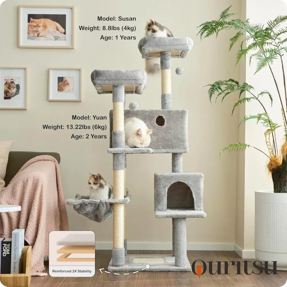 Ouritsu Cat Tree, 57 inch Cat Tower for Large Cat Indoor, 2 Top Perches with 1 Widened, 2 Condos with 1 Enlarged, Steel Frame Ha