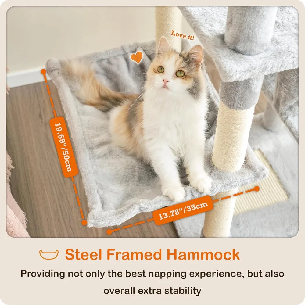 Ouritsu Cat Tree, 57 inch Cat Tower for Large Cat Indoor, 2 Top Perches with 1 Widened, 2 Condos with 1 Enlarged, Steel Frame Ha
