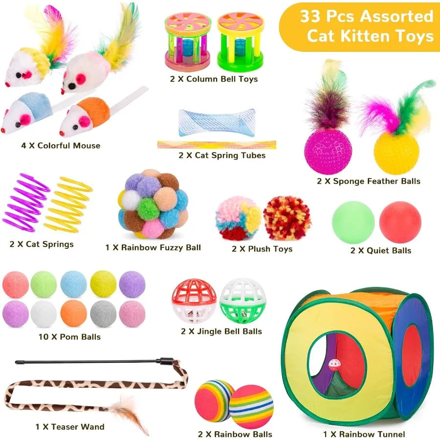 Cat Toys Bundle 33 Pack Interactive Kitten Toys for Indoor Cats Kitty with Collapsible Play Tunnel Tube Tent Feather Wand Tease