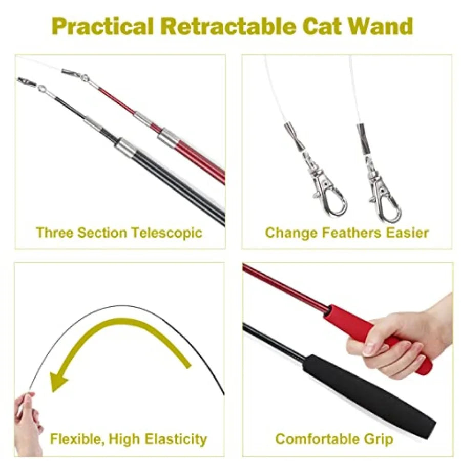 Interactive Cat Toys Retractable Wand Toy and Feather Toys Refills for Indoor Cats to Chase and Exercise