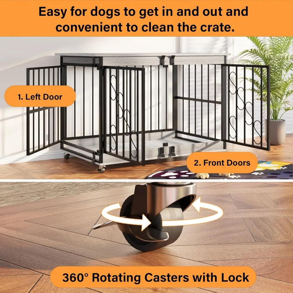 48 Inch Dog Crates for Medium/Large Dogs, Farmhouse Wood Kennel Indoor Heavy Duty Dog Cage with Caster