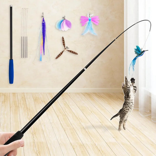 2025 Latest Cat Toys 2 in 1 Spring Cat Wand Toy with 2PCS UltraLong Cat Teaser 4PCS Spring Steel Wire 5PCS Feather Refills for