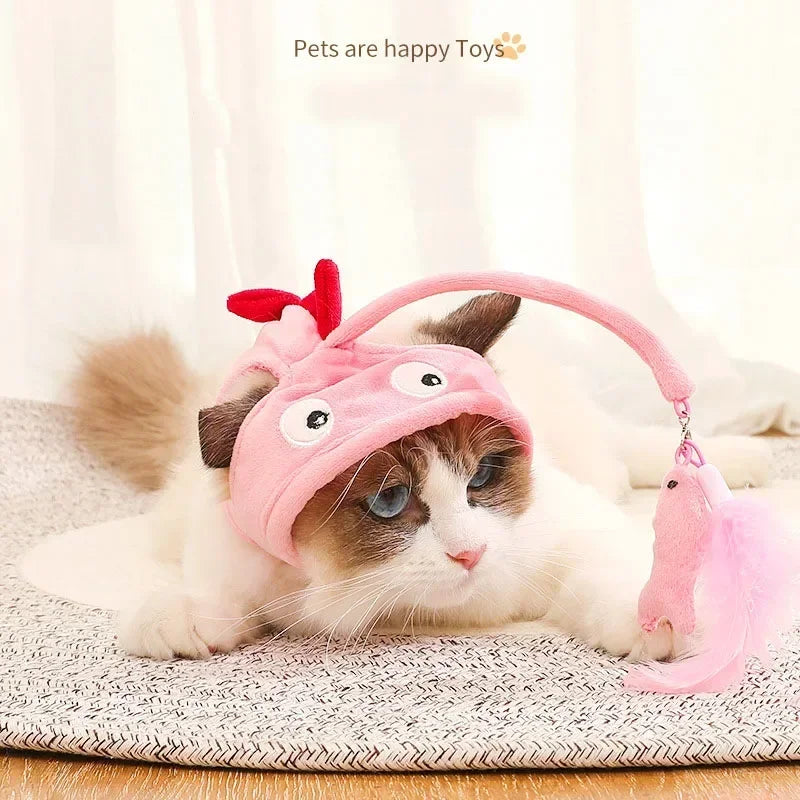 Cat Toys Cat Interactive Toys Kitten Fishing Headdres Hat Feathers Bait Fishing Head Covers Tease Pet Supplies Cat Accessories