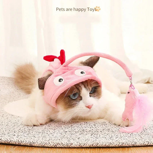 Cat Toys Cat Interactive Toys Kitten Fishing Headdres Hat Feathers Bait Fishing Head Covers Tease Pet Supplies Cat Accessories