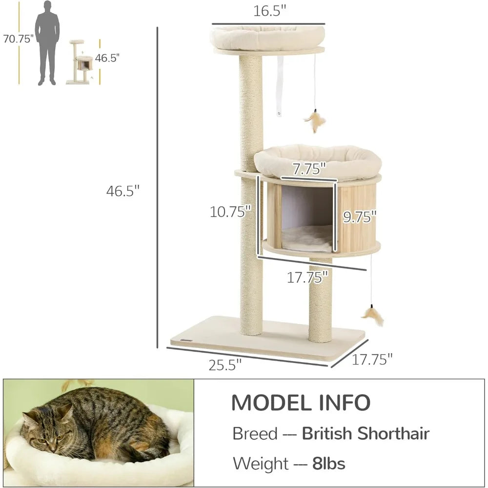 PawHut Cat Tree, 3 Level Cat Tower with Scratching Posts, Bed, Condo, Badminton Toys, for Multiple Kittens