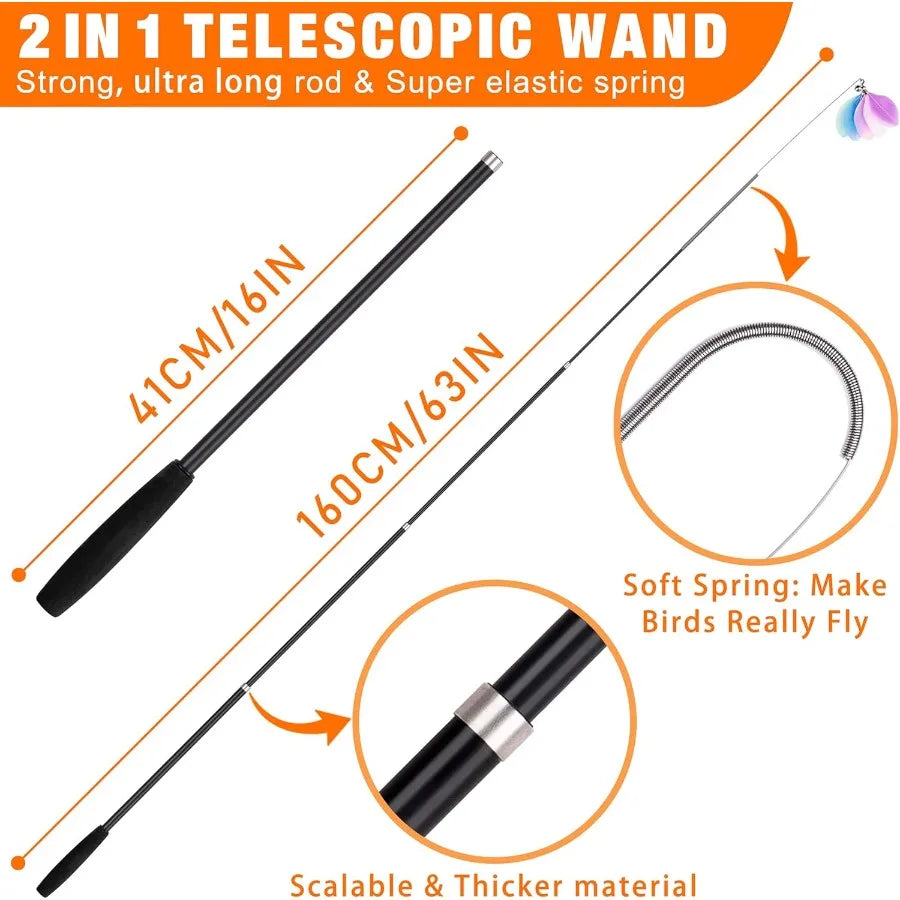 2025 Latest Cat Toys 2 in 1 Spring Cat Wand Toy with 2PCS UltraLong Cat Teaser 4PCS Spring Steel Wire 5PCS Feather Refills for