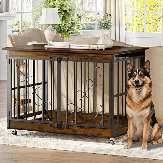 48 Inch Dog Crates for Medium/Large Dogs, Farmhouse Wood Kennel Indoor Heavy Duty Dog Cage with Caster