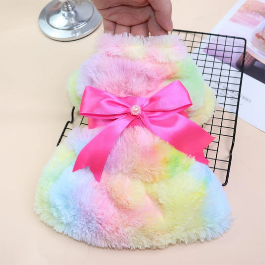 Pet Dog Fluffy Pink Bowknot Skirt Plush Coat Color Coral Fleece Dresses Winter Pet Color Gradient Dress for Small Dog Cat Jacket