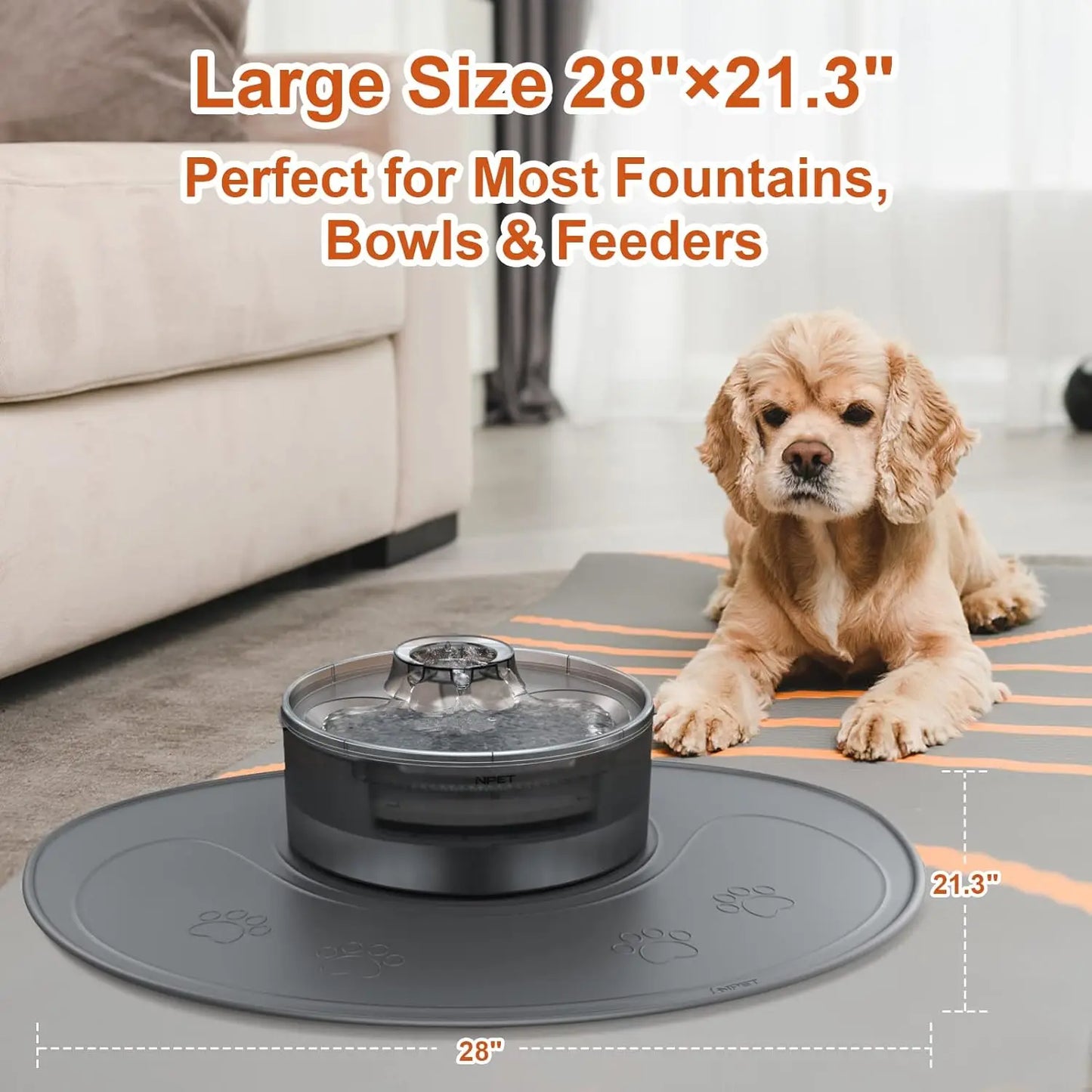 NPET Waterproof Silicone Dog Food Mat for DF10 Dog Fountain, Slip Resistant Dishwasher Safe Pet Feeding Mat,(28" x 21.26")