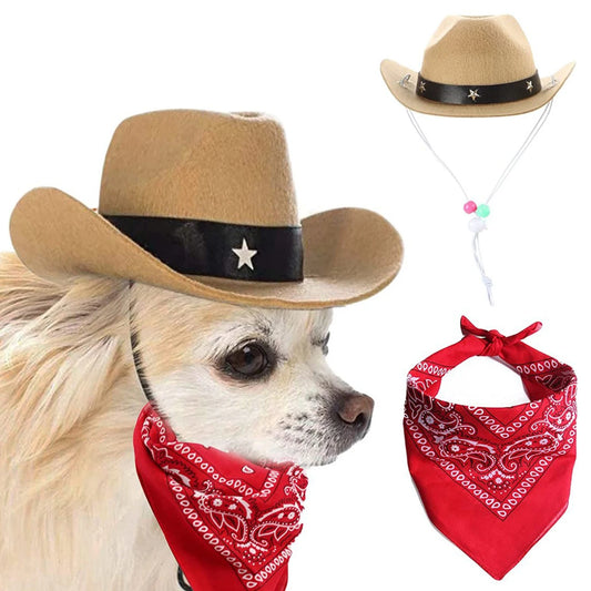 Western Cowboy Dog Costume Hat Scarf Set Adjustable Buckle Stylish Funny Dog Costumes for Small Medium Large Dogs Pets