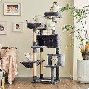 Ouritsu Cat Tree, 57 inch Cat Tower for Large Cat Indoor, 2 Top Perches with 1 Widened, 2 Condos with 1 Enlarged, Steel Frame Ha