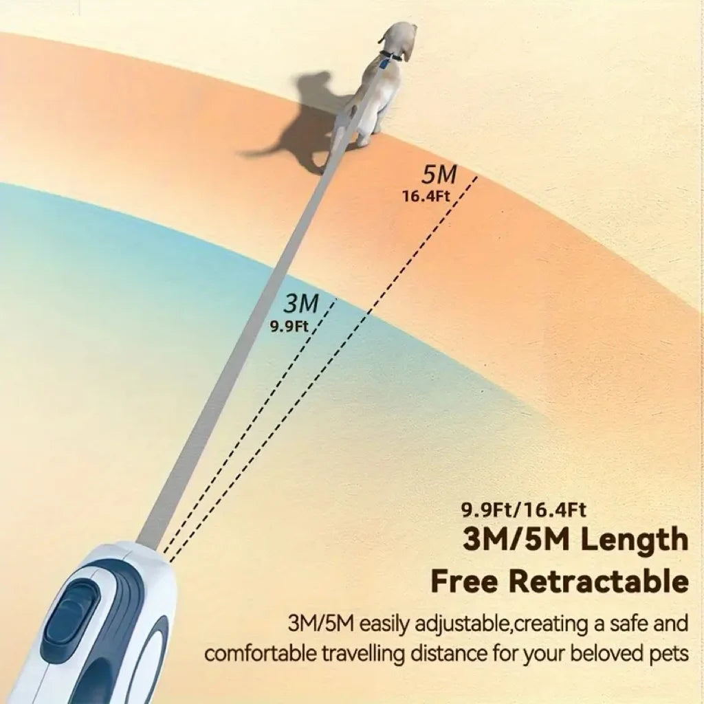 16ft Auto Retractable Dog Leash, Heavy Duty Nylon Extendable Lead for All Sizes, Blue & White Geometric Pattern, Durable & Safe