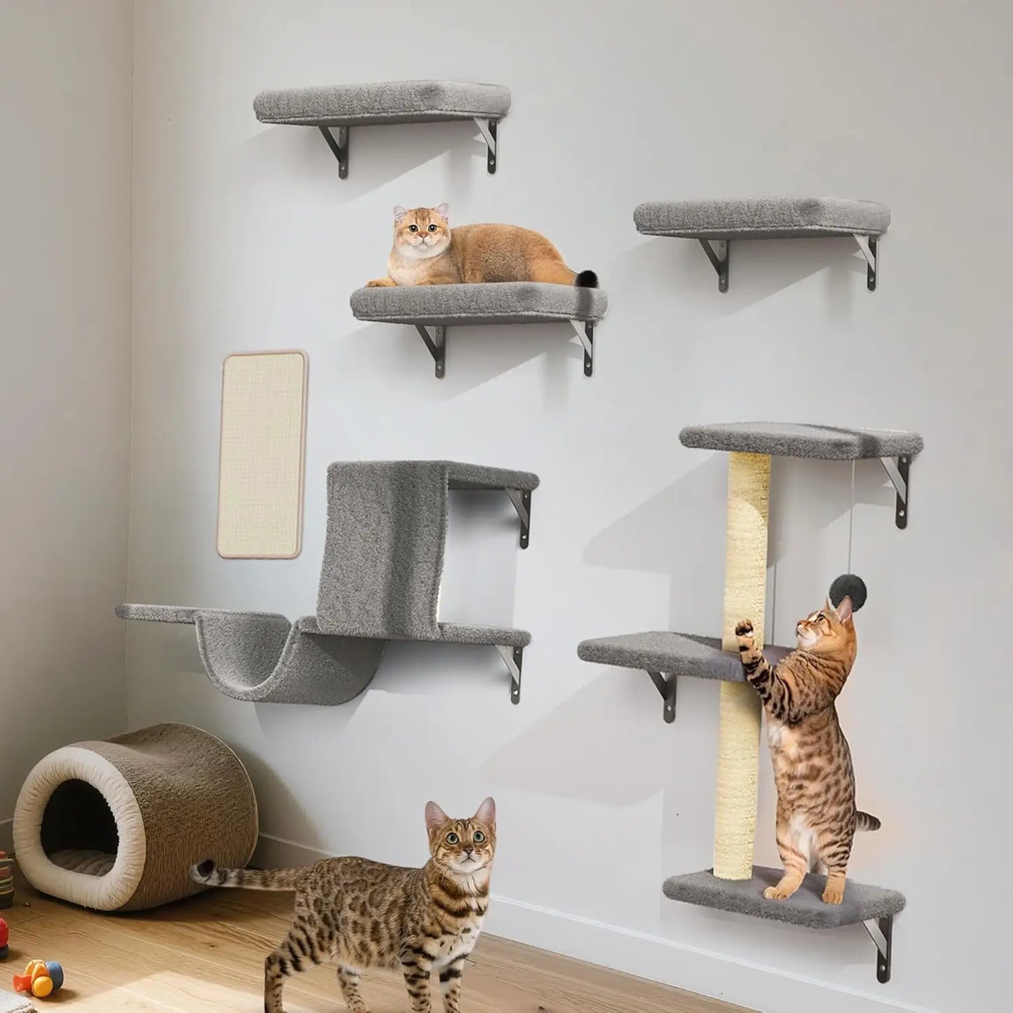 Cat Wall Shelves, Stable & Safe 6 in 1 Pet Walls Furniture Set with Wooden Cat Climber,House, Bridge, Tree, Steps