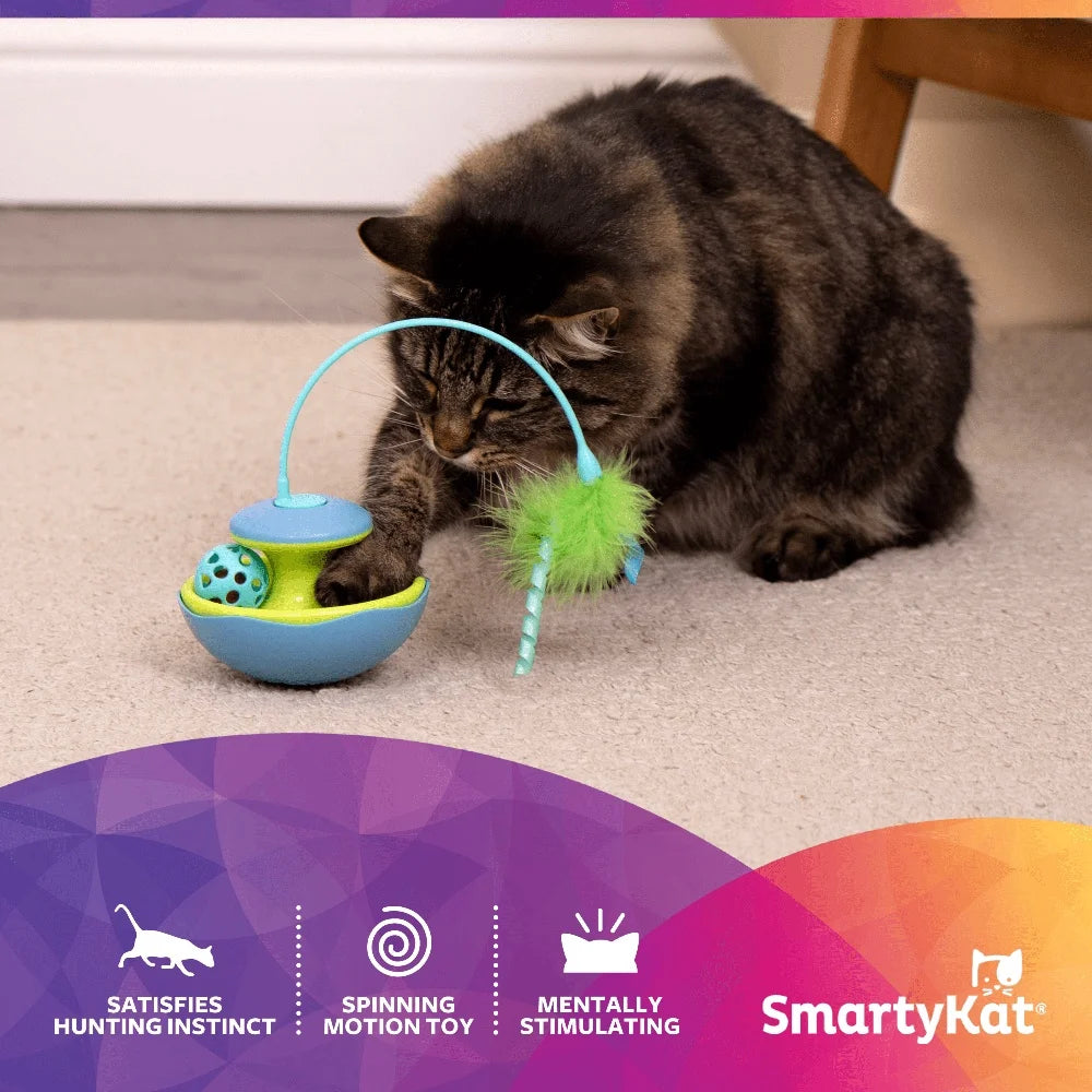 Interactive Cat Toy with Spinning Feather Wand and Rolling Track Ball Motion Activated Wobble Base Solo or Group Play