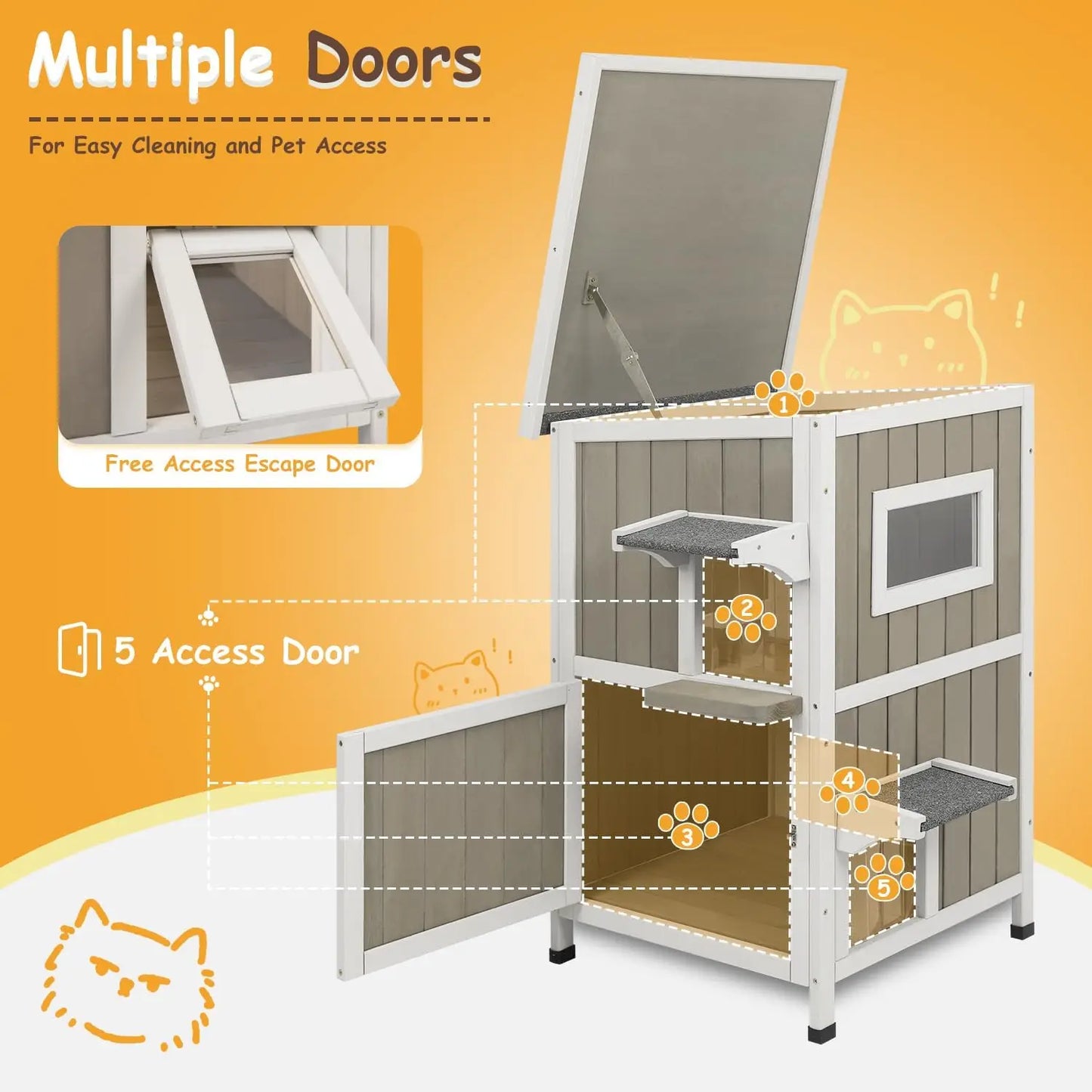 Petscosset Outdoor Cat House, Two-Story Feral Cat Shelter with Asphalt Roof
