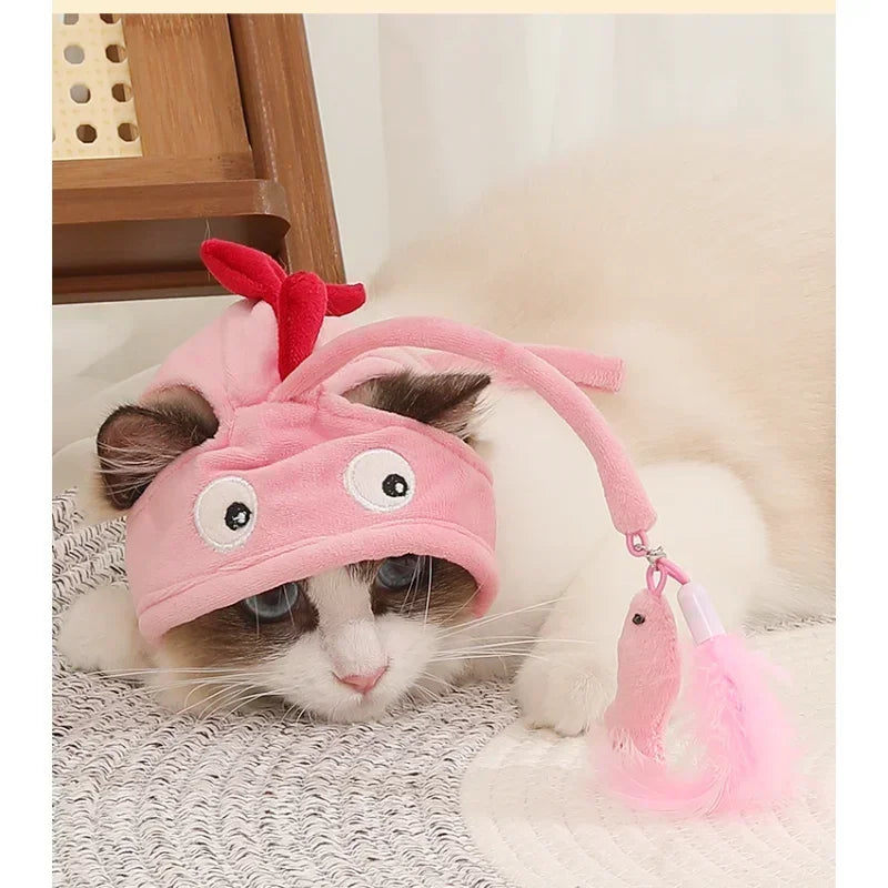 Cat Toys Cat Interactive Toys Kitten Fishing Headdres Hat Feathers Bait Fishing Head Covers Tease Pet Supplies Cat Accessories