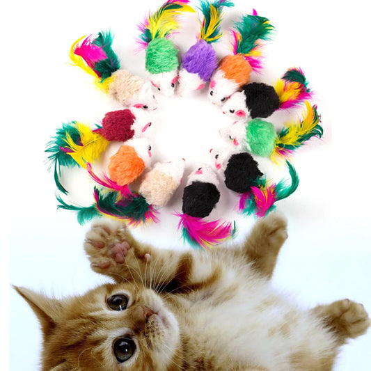 10-200Pcs False Mouse Pet Cat Toys Mini Funny Playing Toys for Indoor Cats Play Fetch with Colorful Feather Plush Cat Mice Toys